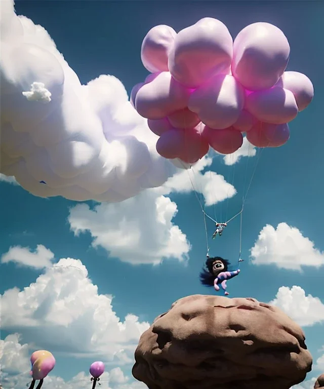 Ultra realistic clouds sky scene, wide angle, sweet childs falling down, inflatable color clothing, free jumping flying, many trinkets, monster hair, hair monster, many jelly beans, balls, smile, happy, circus style, extreme, wind, clouds sea, 20,000 feet altitude, stratosphere, soft color, highly detailed, unreal engine 5, ray tracing, RTX, lumen lighting, ultra detail, volumetric lighting, 3d, finely drawn, high definition, high resolution.