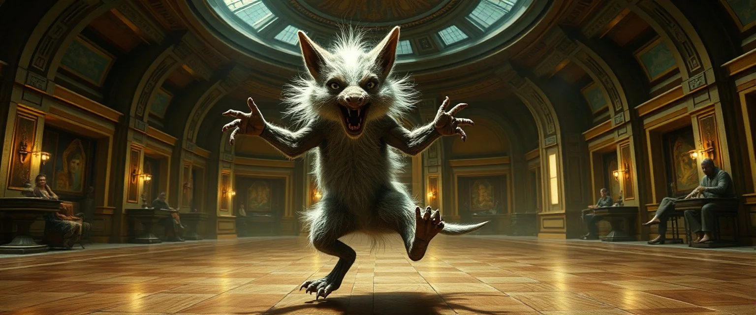 fluffy mean wolf alien gremlin badger star ship bridge captain dancing in a big hall in the style of Rembrandt and Escher and Dali