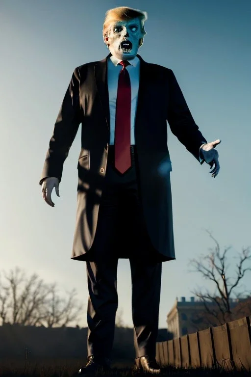 Ultra realistic image, Donald trump zombie, zombie performance, suit, skull, blood, torn arm, night, walking twisted, waist up view, thriller style, dark ambient, highly detailed, White House background, concept art, unreal engine 5, ray tracing, RTX, ultra detail, volumetric lighting, high definition, high resolution.