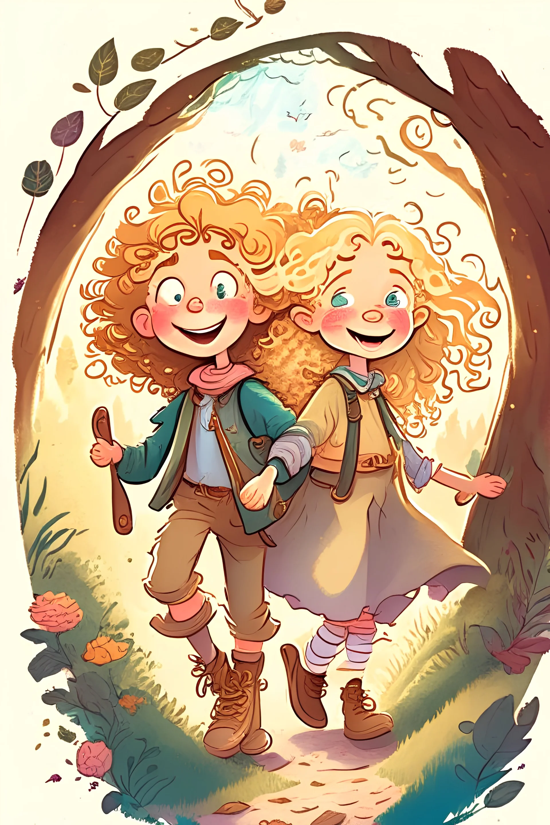 Illustration: Once upon a time, in a land full of laughter and magic, there were two best friends (a boy and his older sister with long blond/brown curly hair). They loved to explore and go on exciting adventures together.