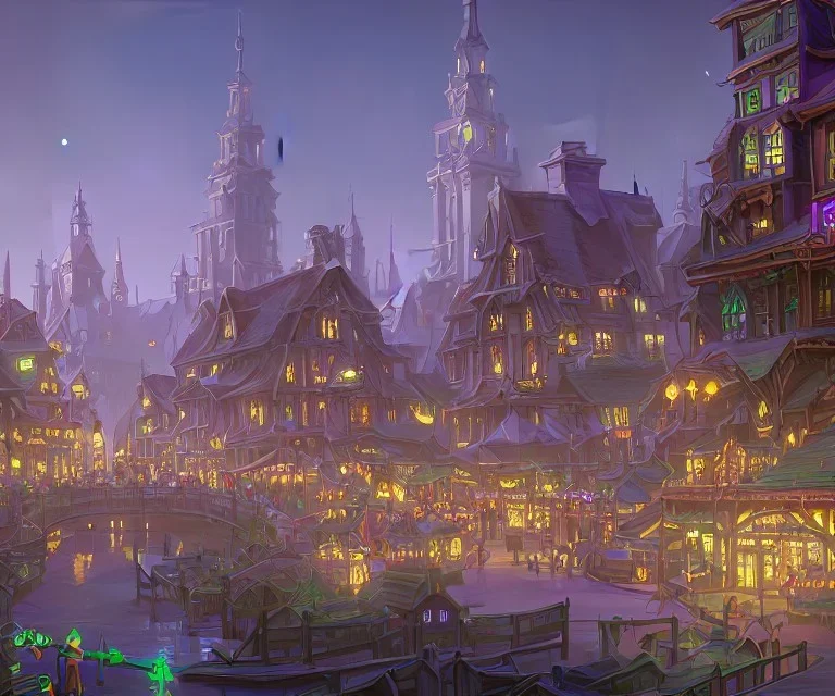 A magical town square with river canals and a Christmas tree for warlocks and witches