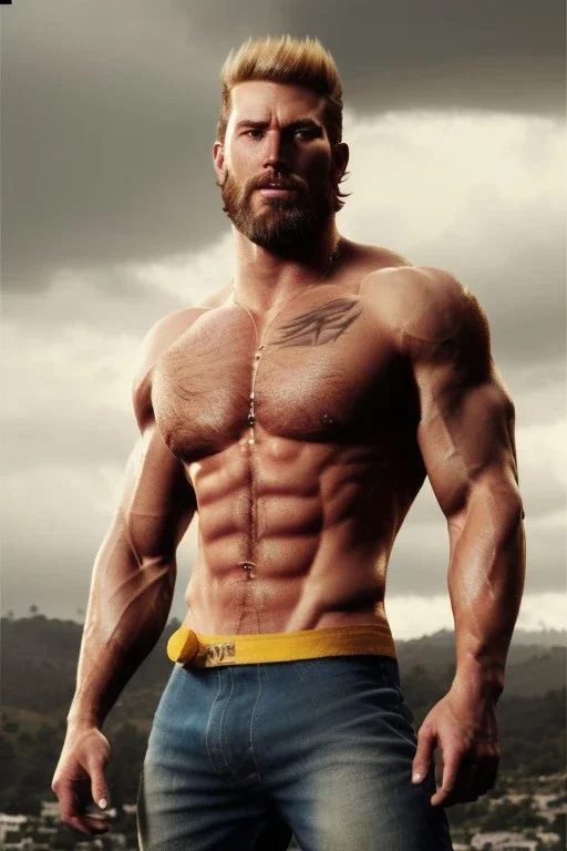 Ignore NSFW, teenager young rugged attractive slightly muscular fantasticly handsome blonde man, red briefs with yellow belt, hairy chest, (((visibly pisssing))) briefs, large erect visible boner peniss, photorealistic, artist Jay Anacleto, soft lighting, scruffy beard