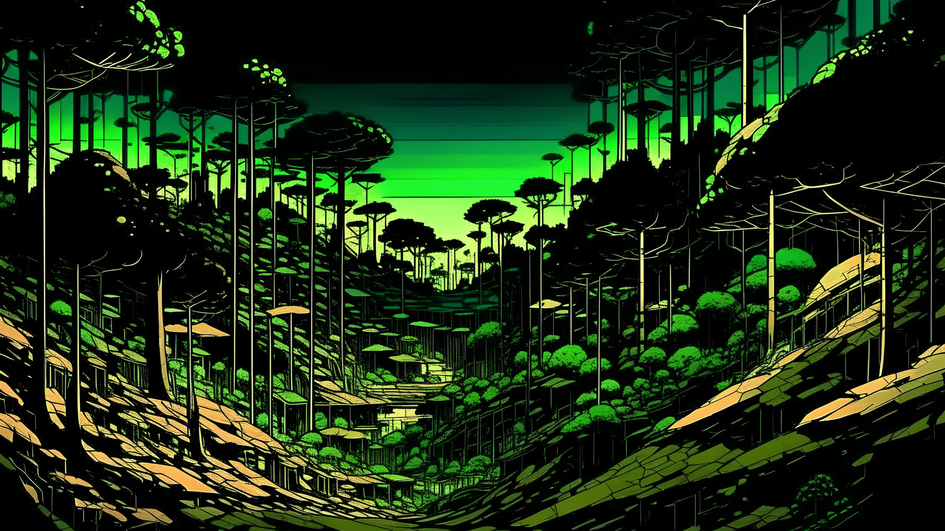 comic style, 80's landscape, wooden city in the trees, negative space, temporal hallucination, psychedelic, intricate details, green and black colors palette and vantablack background, 4K, very high contrast, chiaroscuro