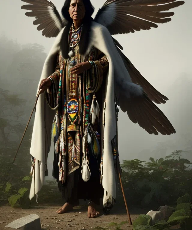 native american shaman, wise man, long black hair, black hooded coat like wings, 8k resolution concept art portrait by Greg Rutkowski