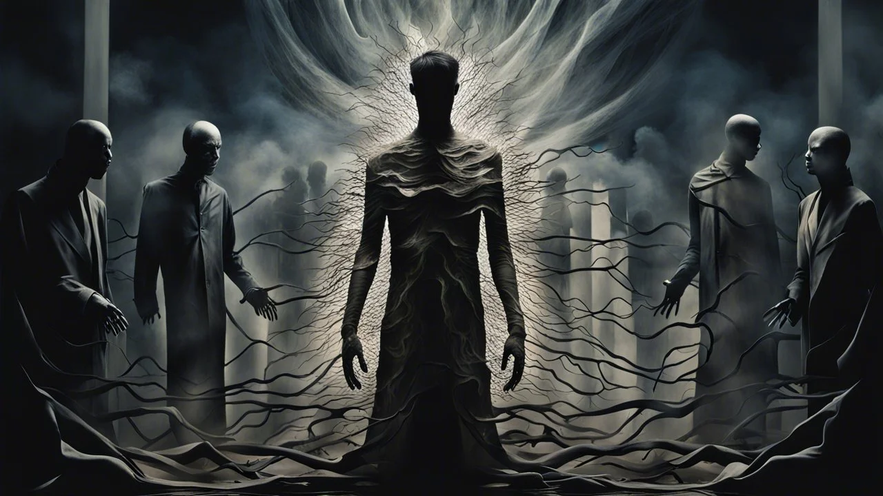 Abstract surreal scene of a human soul in conflict a caracter dissolving into shadows and fog, body torn into shards of light and darkness. Shapes twist and melt like oil paint, forming ghostly hands and distorted faces emerging from the fog. The background is a blur of noise, chaotic patterns and faceless crowds, symbolizing the indifferent outside world. A haunting, dreamlike composition that captures isolation, inner demons, struggle of anxiety. surreal, atmospheric