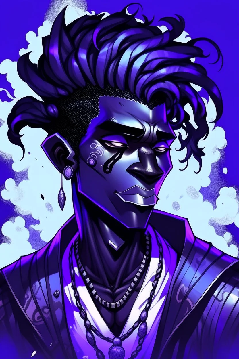 Male Air genasi fra d&d with black skin smoke some hair an Asian skin ghostly appearance with a Smokey undertone mork