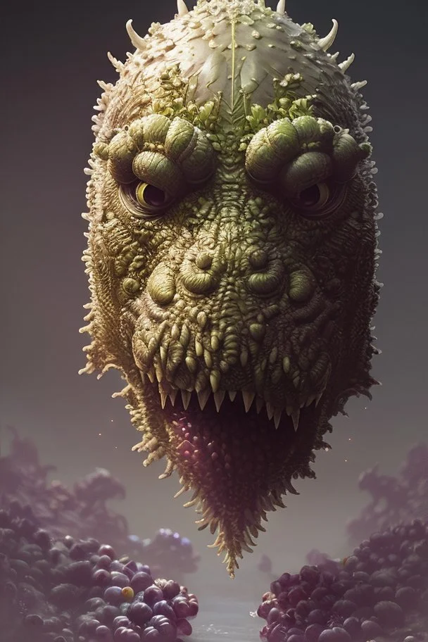 Grape monster, hyperrealistic, super detailed, 8k, high quality, trending art, trending on artstation, sharp focus, studio photo, intricate details, highly detailed, by greg rutkowski