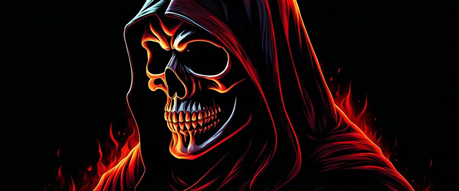 ultra high image quality, hell-tech infused Grim Reaper Close-up of an set against AMOLED-worthy pure black backdrop, fantasy art style infused with filter, tailored for vertical wallpaper, exclusive design with no duplicates, radiating beauty suitable for a PC screen image, vivid colors, ultra fine, digital painting.