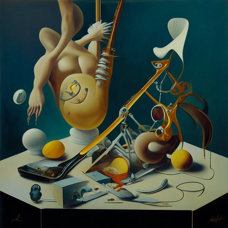 Abstract painting formed by a mix of human flesh-like surgical instruments and universe-like musical instruments,neuralink,minimalism,Painting By Adrian Ghenie, Rene Magritte, Salvador Dali, Lucian Freud