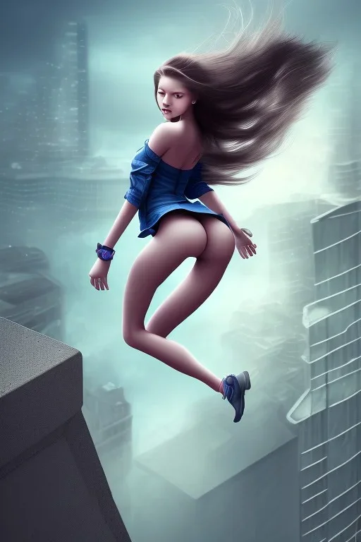 Girl falling off a building, looking down, long hair, cute, beautiful