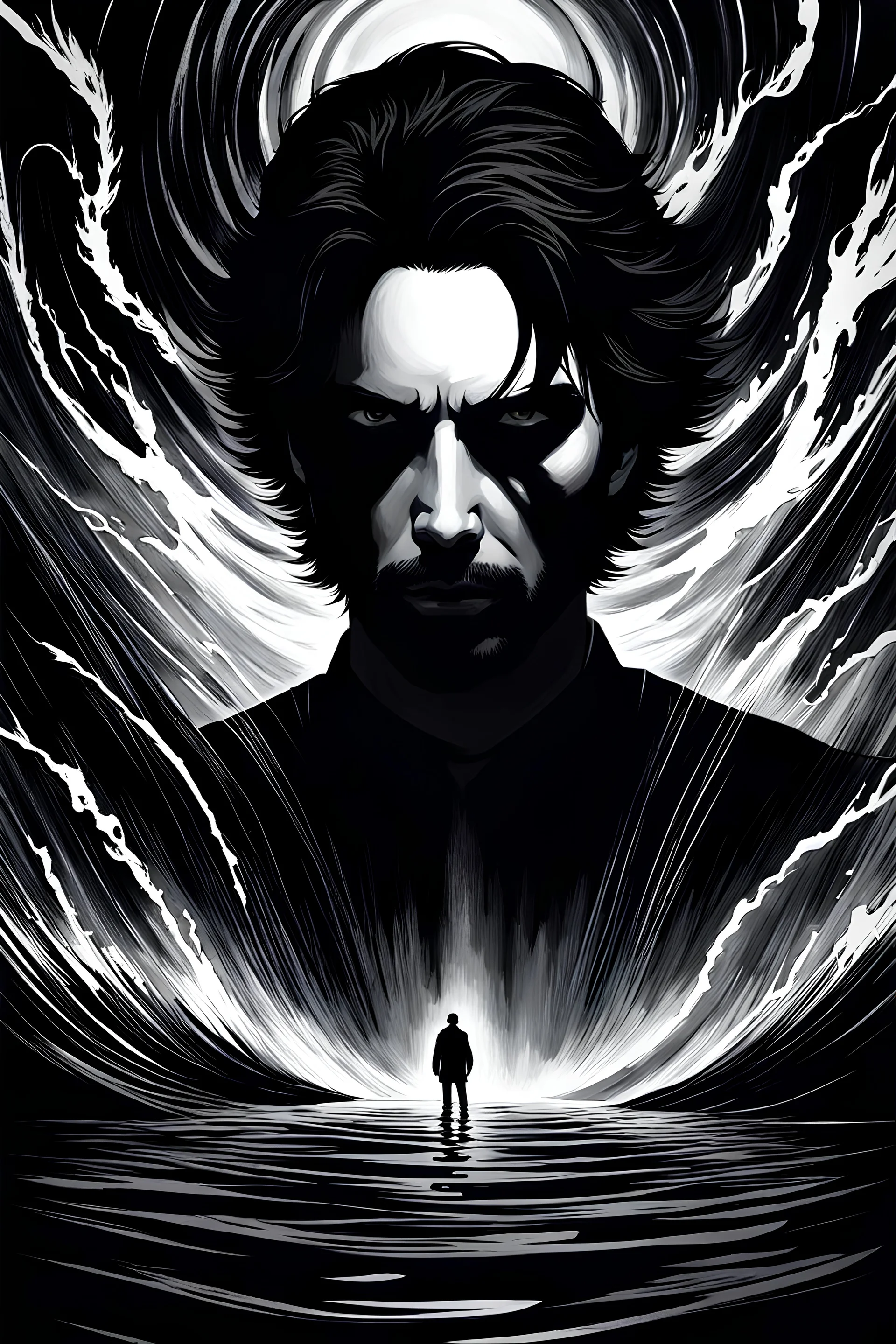 Alan Wake 2, The Onyx Kiss Of Inky Waters, The Jet Black Undertow Of Fright, From The Cold Depths Now, I Will Conjure The Spiral Madness Of His Mind, Negative Black, White, And Gray Speedpaint With Large Brush Strokes, By Junji Ito