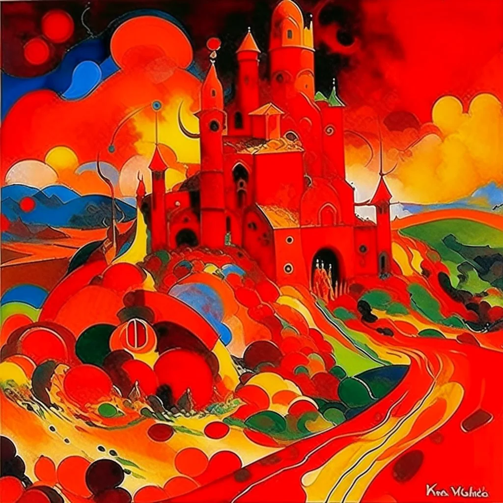 A red volcanic castle in a fiery realm painted by Wassily Kandinsky