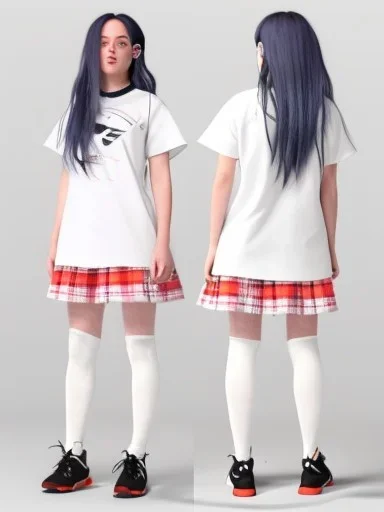 Billie Eilish, white stockings, skirt, t-shirt