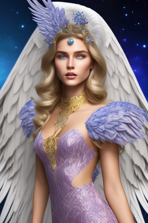 Flower, angel man, (detailed face )++, (detailed blue eyes)++ (long blond hair)++(pectoro visible)++(smile)++, , (two feathered wings on his shoulder blades)++, beautiful place, incredible, cosmic, colours, planet, gold, realistic, real photo, stars at night, detailed, high contrast, 8k high definition, unreal engine 5, extremely sharp details, (lighting effect, light background)++.