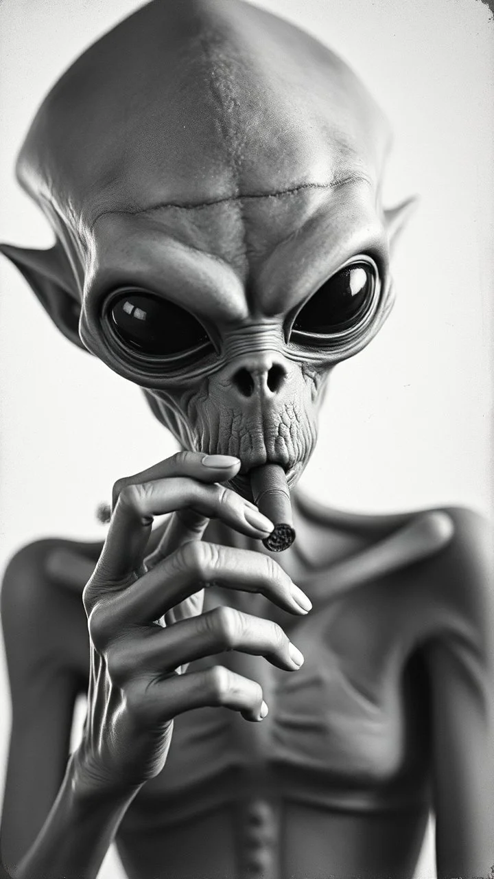 Get An old picture style of black and white mono very bad quality looks very old camera picture of an alien smoking a cigar all white background , year 1900