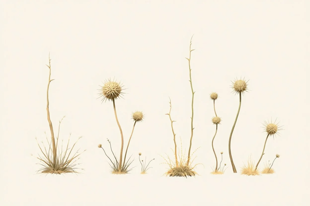 "Isolated concept art of multiple types of alien tree plant on a plain neutral background. Designed for Desert biome – dry, spiky, brittle grass with sharp edges, thorn-like blades, and pale dusty colors. Each grass type should have a unique silhouette and texture.