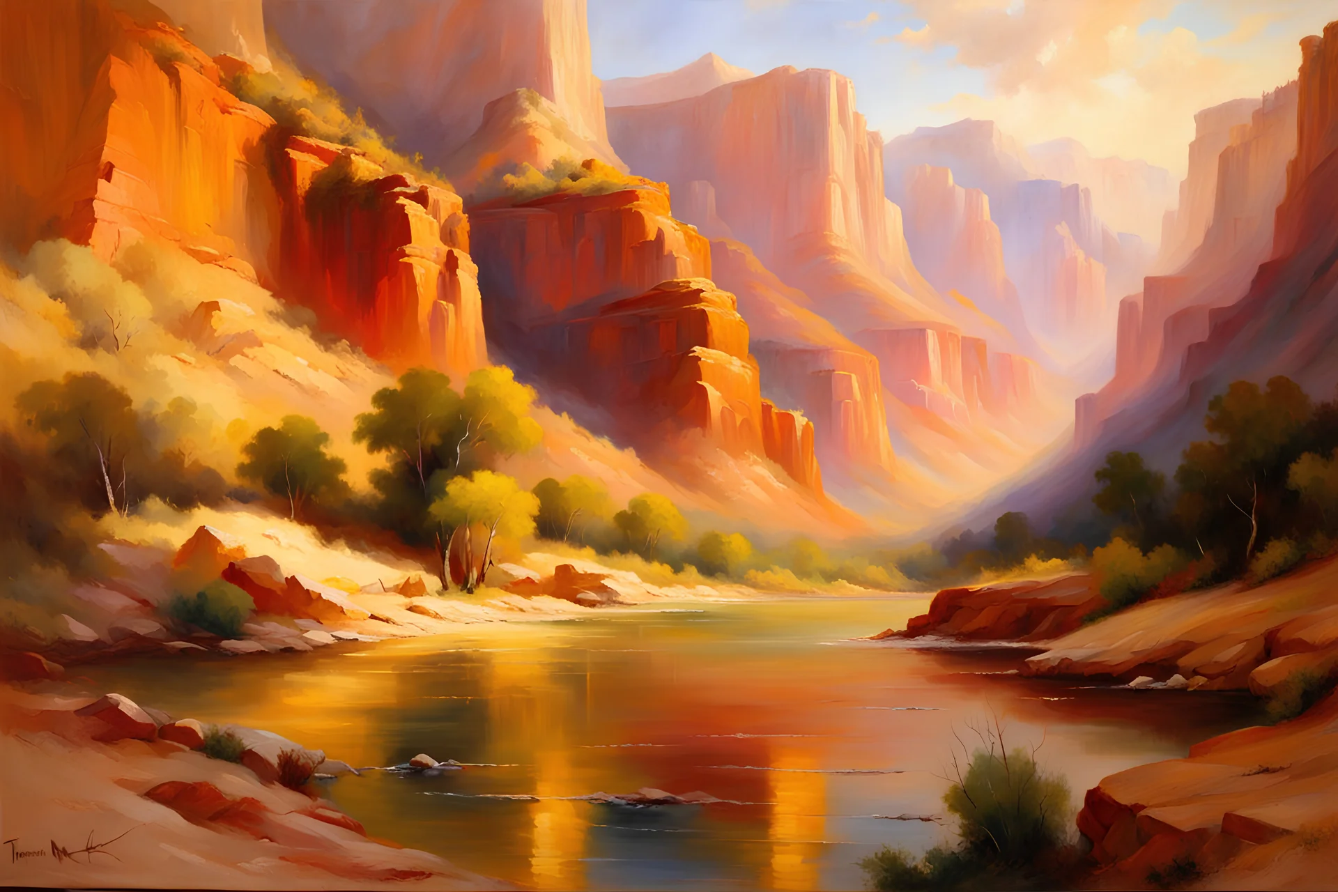 Beautiful scene in the style "Under The Red Wall Grand Canyon Of Arizona" by Thomas Moran, vibrant colours, realistic, professional award winning oil on canvas, very detailed,