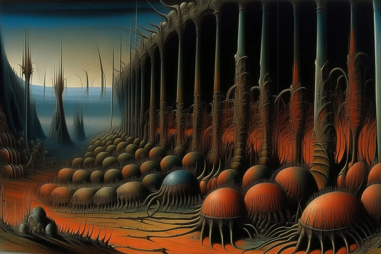 A brownish bronze underground centipede colony painted by Max Ernst