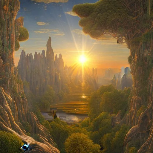 An incredibly peaceful detailed landscape, primordial nature, sun, by Max Ernst, Giotto, bas-relief, detailed, high resolution, volumetric light, 8k, 3d, cinematic