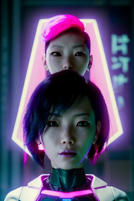 portrait, Asian cyborg woman, ghost in the shell style :: symmetry photography, cyberpunk, pink hair, makeup, long line eye, light iris, :: black samurai armor, japanese traditional pattern, wires and circuits, pink, white, black :: cinematic, Ultra realistic, dark scene, soft color, highly detailed, unreal engine 5, RTX, ultra detail, 3d, finely drawn, high definition.