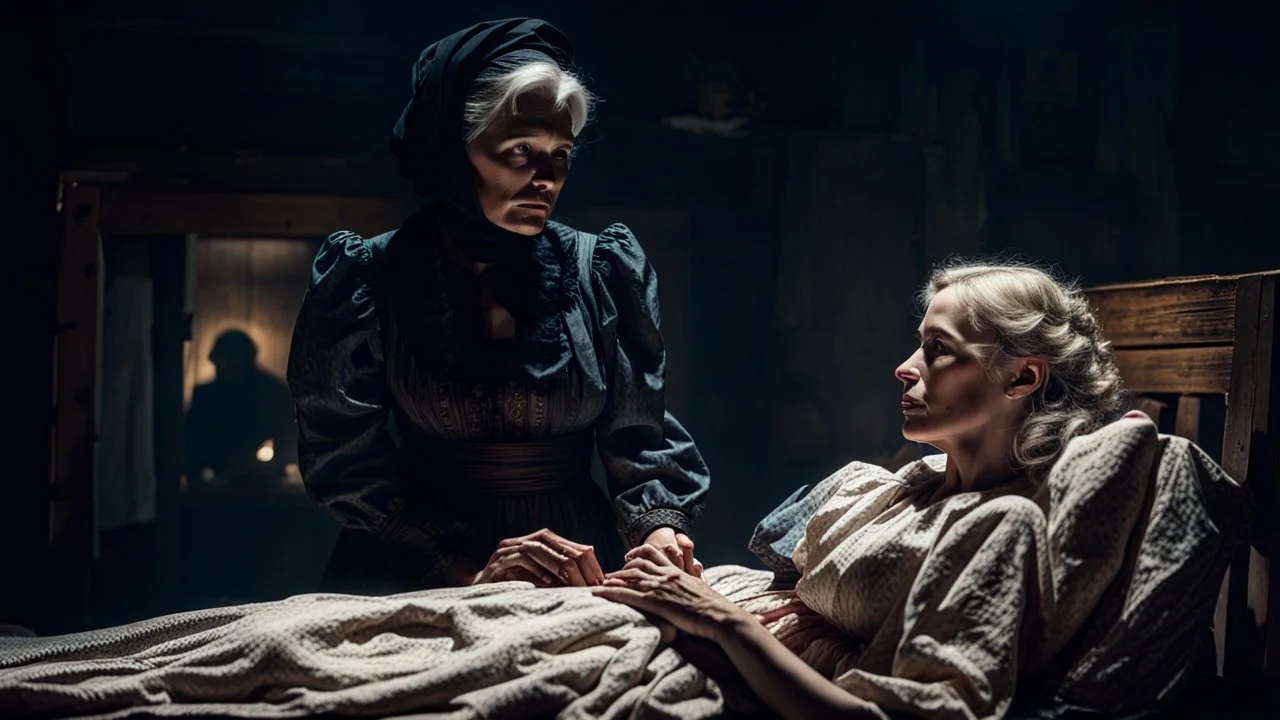 cinematic photograph set in a dimly lit, old-fashioned little village room. An elderly midwife dressed in a vintage black dress and black European headscarves stands beside an old wooden bed, her gaze focused on a young blonde woman lying down. The young woman wears a linen dress, her face hidden by the shadows cast by the sparse lighting and her long hair. The atmosphere is sinister, tense and dramatic, with a sense of impending danger and high detail, creating a realistic and sharp focus