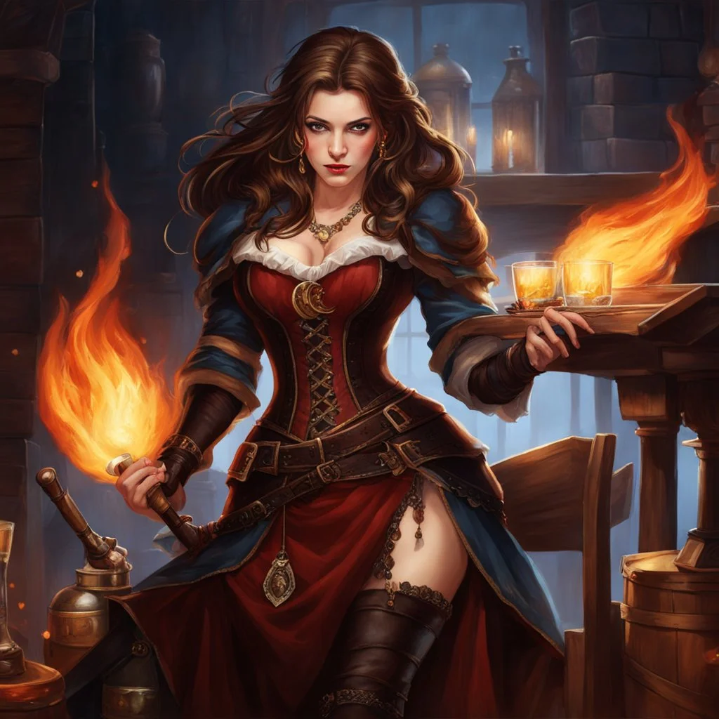 A young woman with pale skin and long brown hair in a fantasy tavern setting with intricate details. She is smirking, a tavern wench pouring a glass of whiskey, has intense red eyes, intimidating presence. High definition.