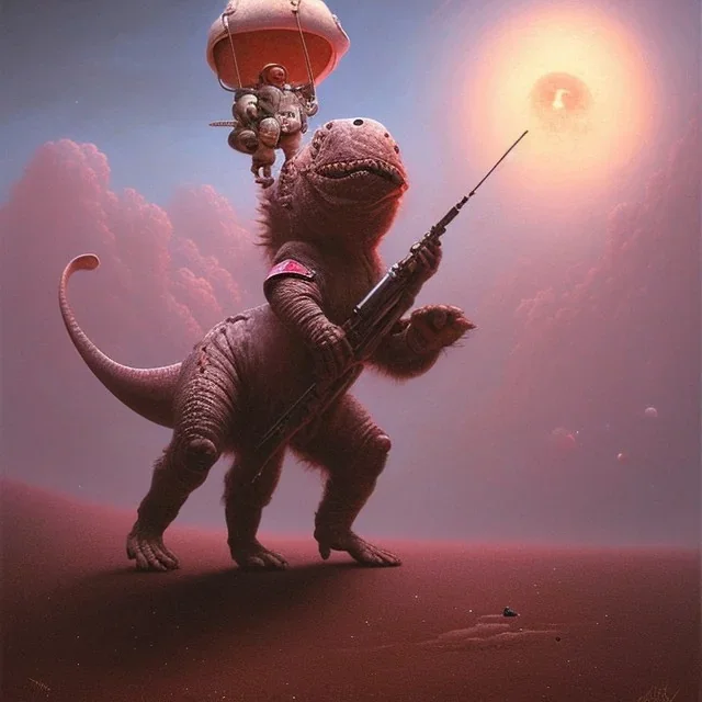 1yo little boy is on safari on the moon. riding a pink dinosaur. he has big and a funny hat. High detailed. Cinematic. oil on canvas painting. Warm lights. beksinski