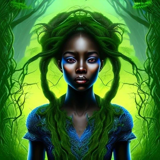 Painting .the face of A young black woman. A wood nymph emerging from the forest. Her hair looks like vines. Dreadlocs. Her skin is the colour of dark soil. Her skin looks like tree bark. Her clothing is made of vines, grass and leaves.