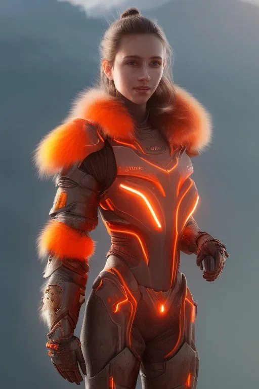 full body portrait of a beautiful girl, wearing glowing orange armor, futuristic armor, natural posture, nice smile, snowy mountain background, snow, fur cloak, full body, short armor