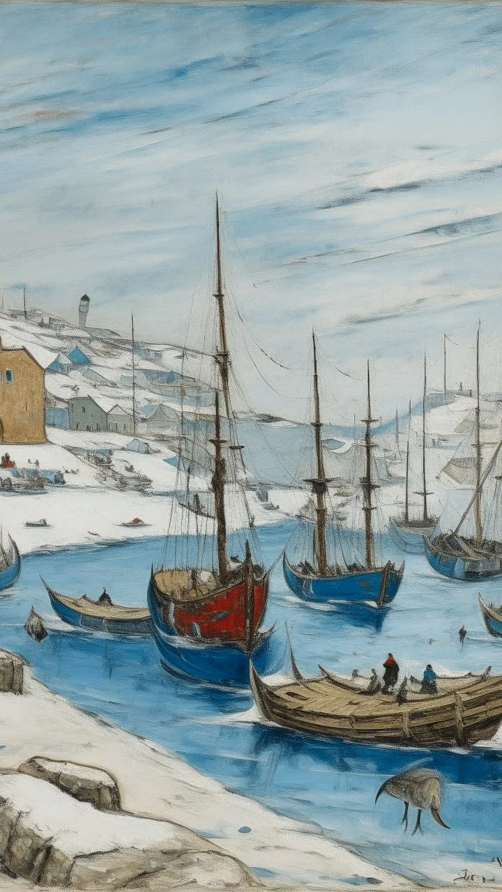 A blue winter fjord with wrecked ships designed in Heidrun manuscripts painted by Maurice Utrillo