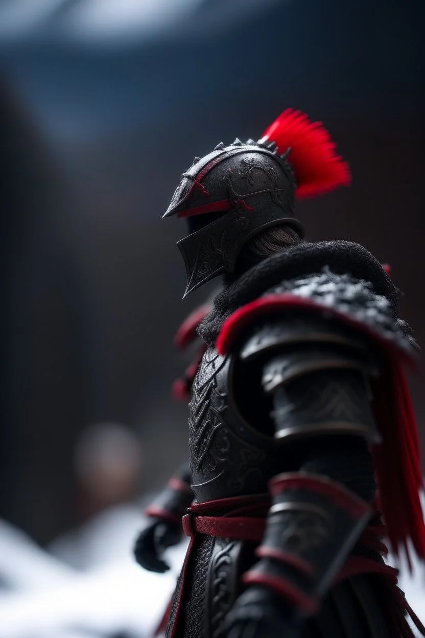 portrait of black knight with red feather in snowy mountain pass,shot on Hasselblad h6d-400c, zeiss prime lens, bokeh like f/0.8, tilt-shift lens 8k, high detail, smooth render, down-light, unreal engine, prize winning