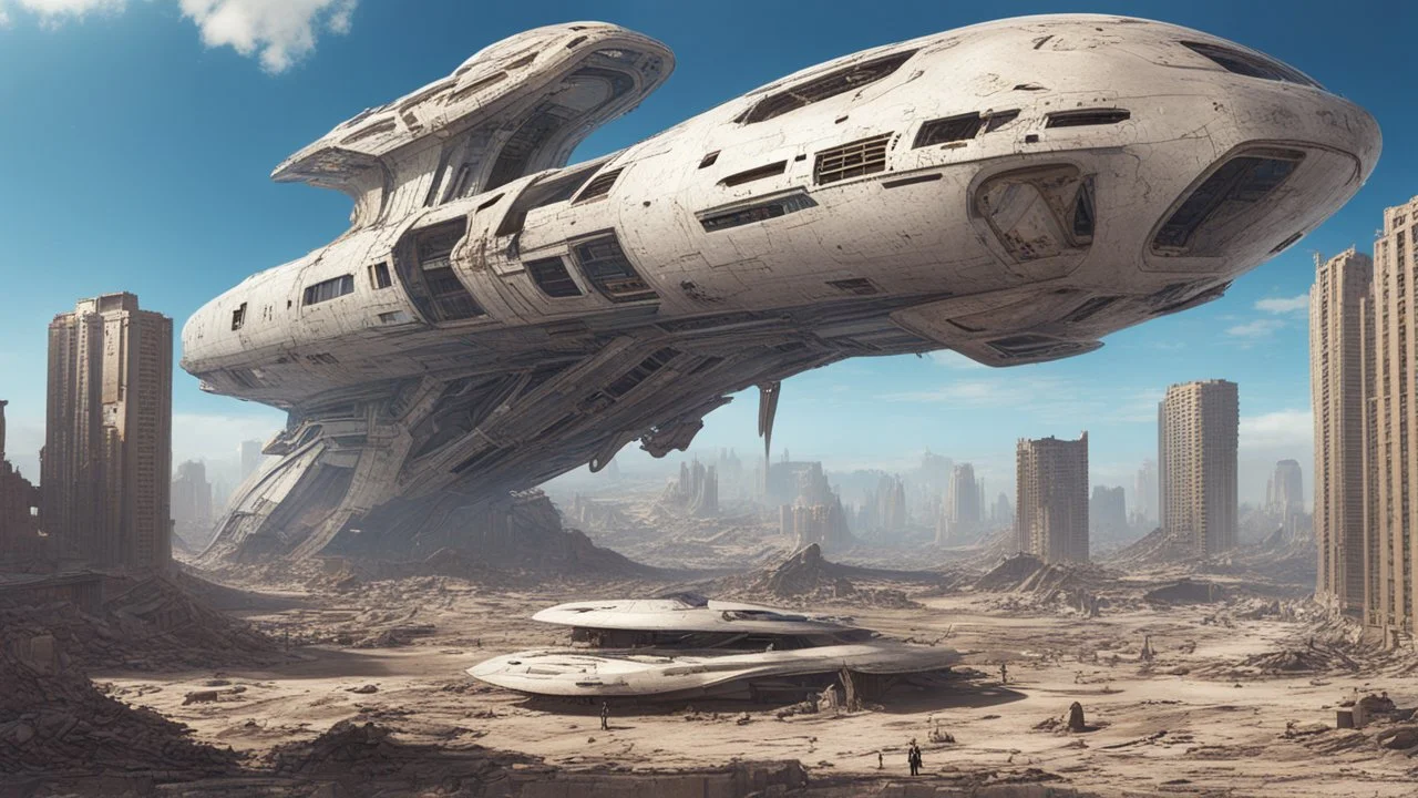 A small, wide, squat, sleek Spaceship in a ruined alien city, surrounded by tall damaged buildings, clear blue sky, small white clouds, photorealistic