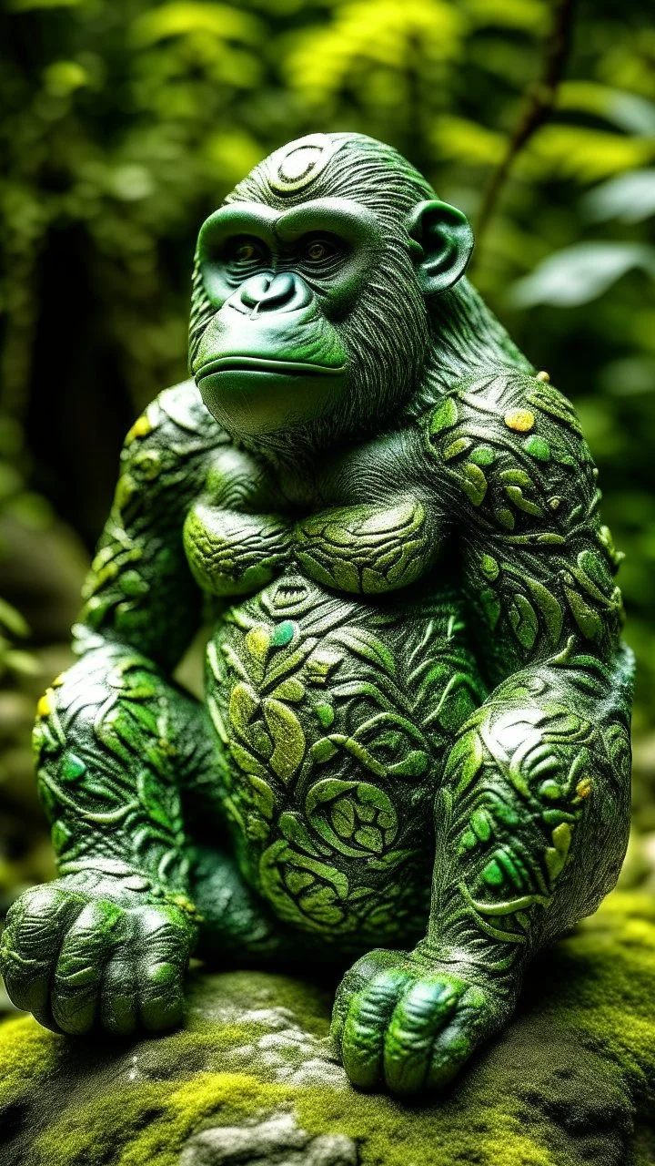 A green nature elemental gorilla designed in native American petroglyphs painted by Cai Jia