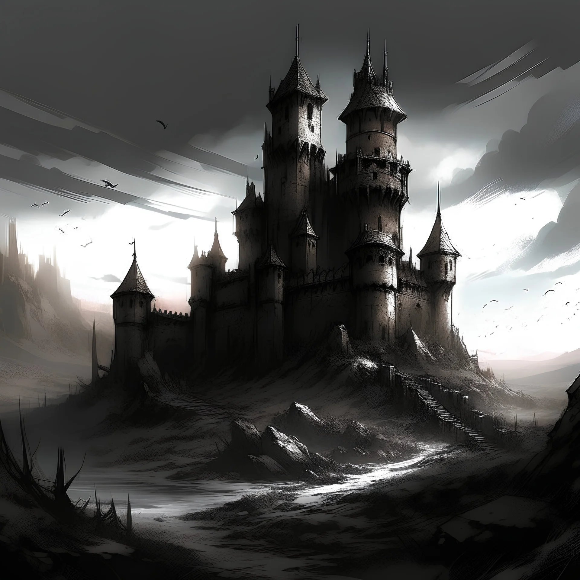 old dark castle far away, post-apocalyptic, rough sketch