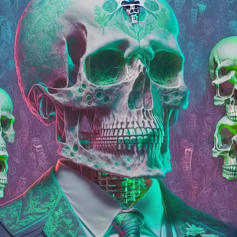 a head and shoulders portrait of a skeleton dressed in a three-piece suit as the president of the united states, based on us currency, united states one dollar bill, shades of green, real-life, colors match the united states one dollar bill, realistic, robotic,