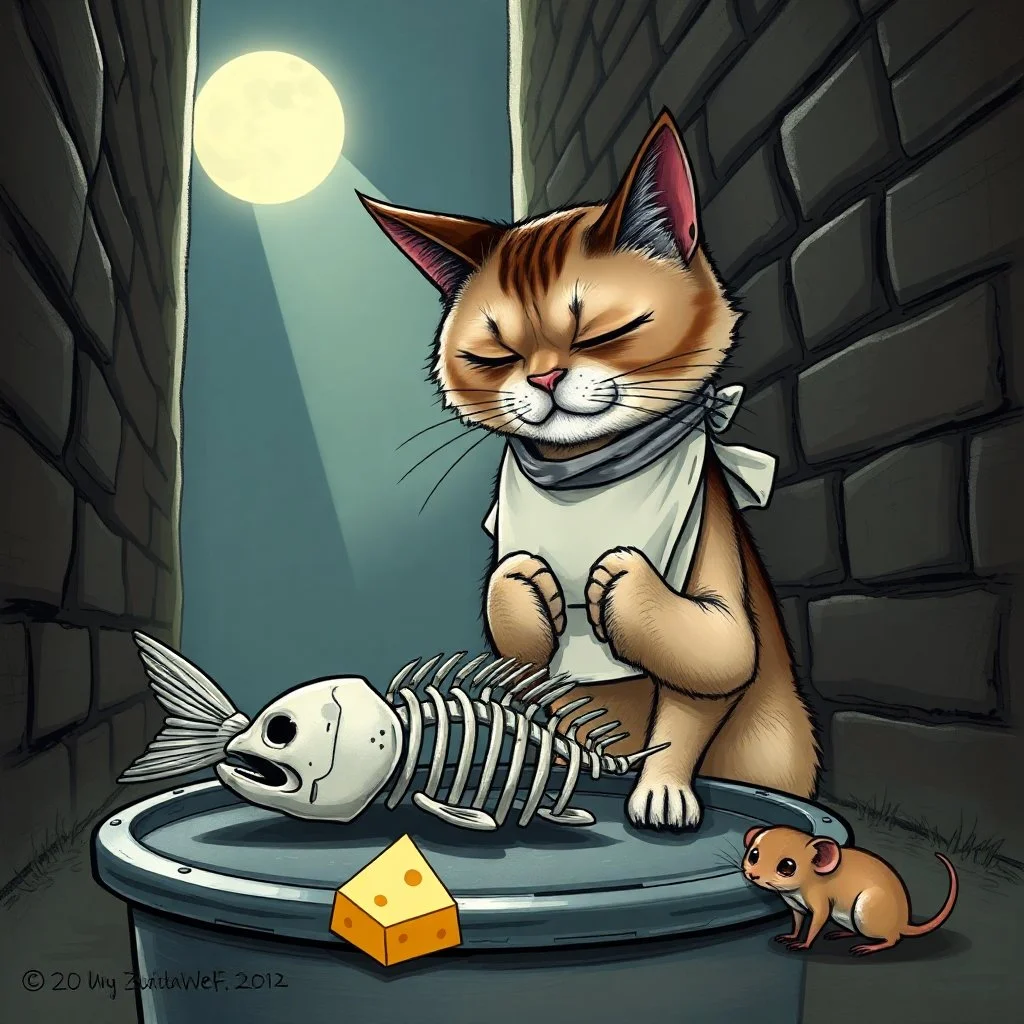 Prompt: A humerous caricature of a bedraggled Oriental shorthair Siamese cat wearing a bib tied around its neck, saying grace over an inverted garbage can lid with a fish skeleton with its head intact. The cat's eyes are closed and his head is bowed. Set it in a dark alley with a beam of moonlight illuminating him. Add a little mouse by the cat, with a tiny piece of cheese in front of him, also with his head bowed and his eyes closed.