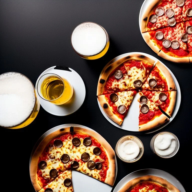 Pizza on plate, glass of beer, black background