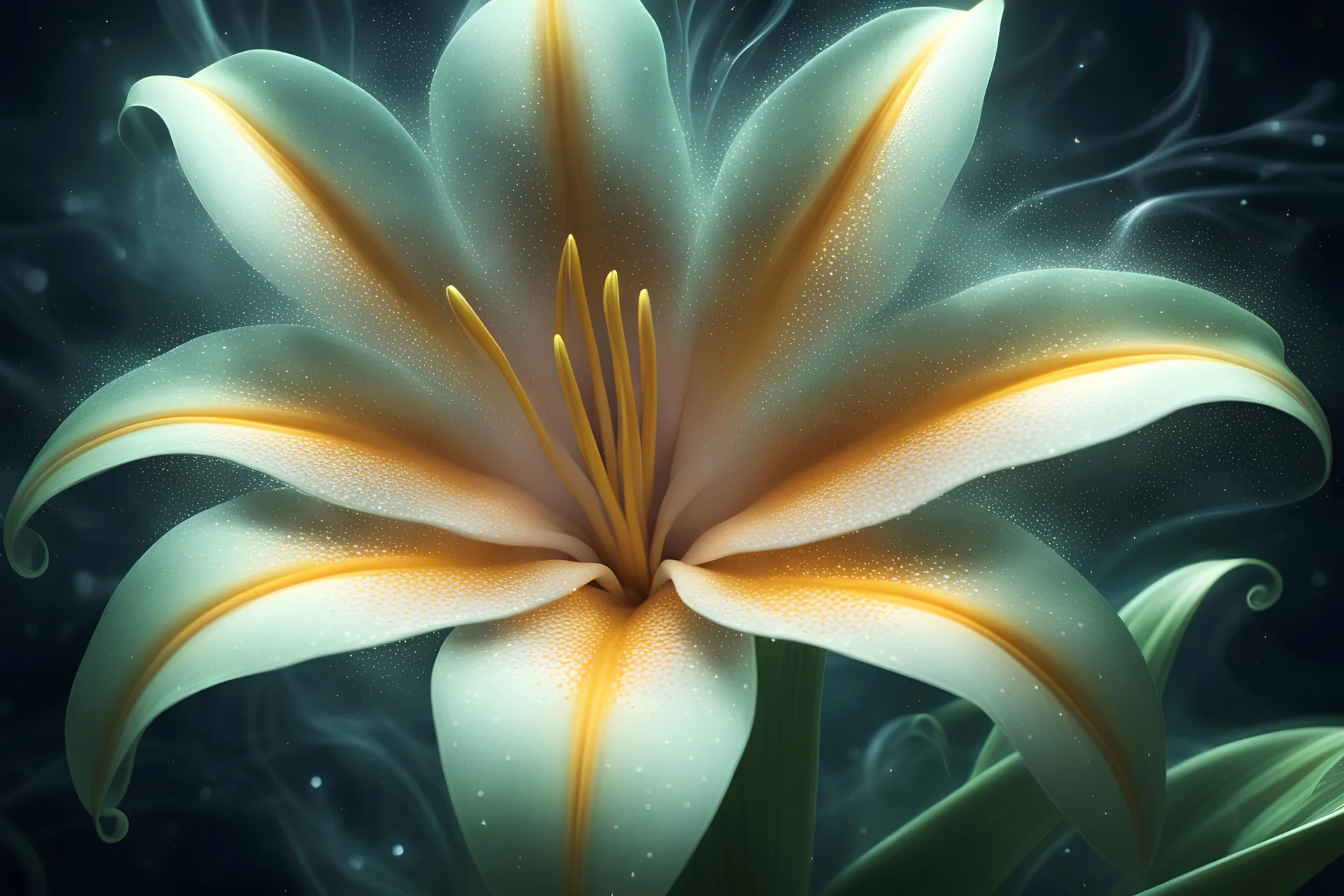 epic close up of a lilly flower with innumerable petals, front illumination only, forest background, magic wake, fantasy illustration, sparks, glitter, grainy, noise, fractal crack effect, cinematic, deep depth of field, 3D, 16k resolution photorealistic, a masterpiece, breathtaking intricate details, reflective catchlights, high quality, abstract vector fractal, wave function, Zentangle, 3d shading