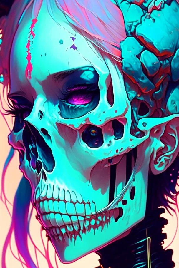 a close up of a person with a skull on their head, anime skull portrait woman, scary detailed art in color, hiroyuki-mitsume takahashi, nychos art aesthetic, half woman half skeleton, anime cyberpunk art, colored manga art, rossdraws pastel vibrant, cold colors. insanely detailed, beautiful anime portrait, stunning anime face portrait, scary art in color