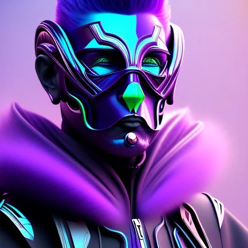 futuristic purple masked villain in galaxy, teal and purple smoke, detailed, realistic, 4k