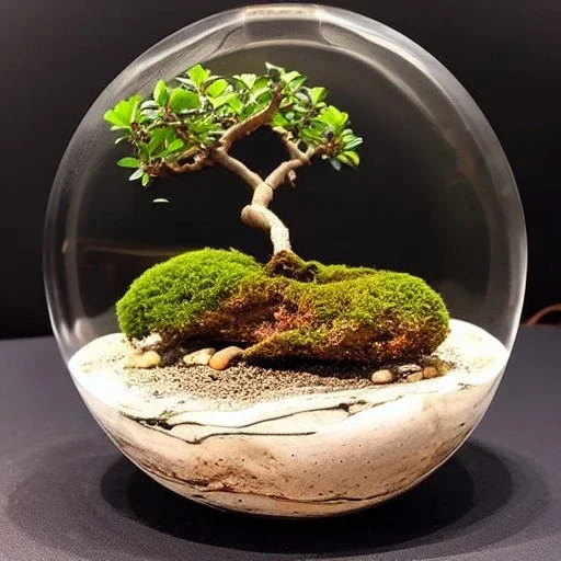 exquisite bonsai terrarium in a glass orb, petrified wood, pebbles, warm lighting, linen backdrop