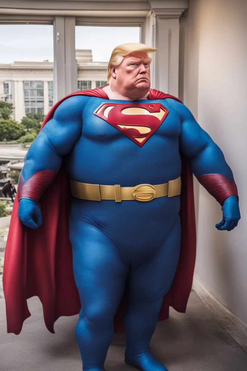 morbidly obese superman with donald trump's head and his gut hanging out