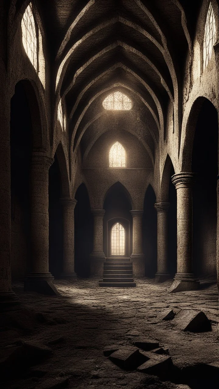 dark fantasy art of a medieval abandoned hall