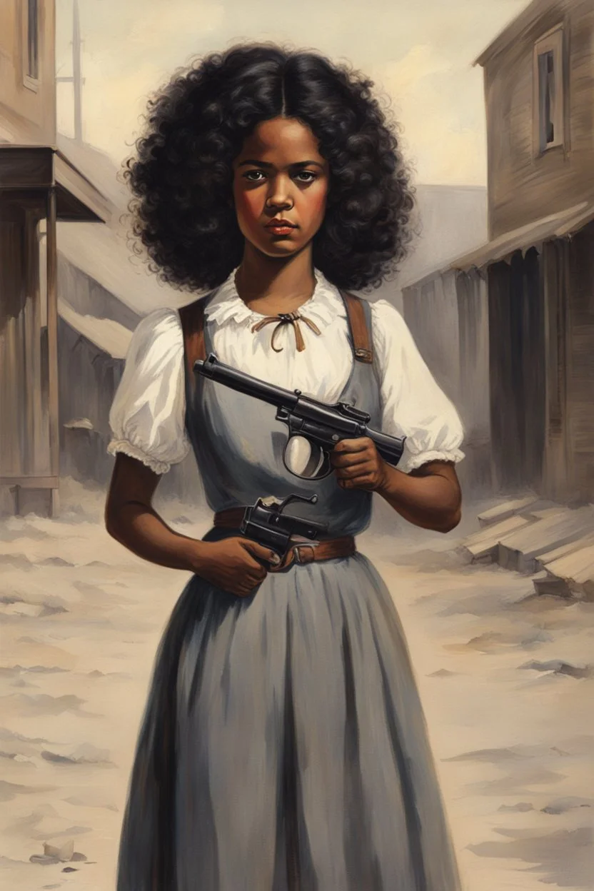 young 1870 dark-skinned kansas girl with black curly hair standing on the street and pointing a pistol straight at me