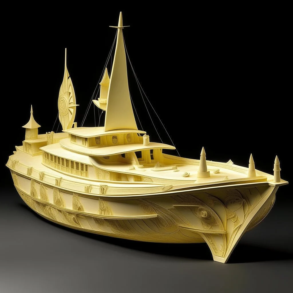 A pale yellow lightning yacht designed in ancient Egyptian architectures and sculptures painted by Qiu Ying