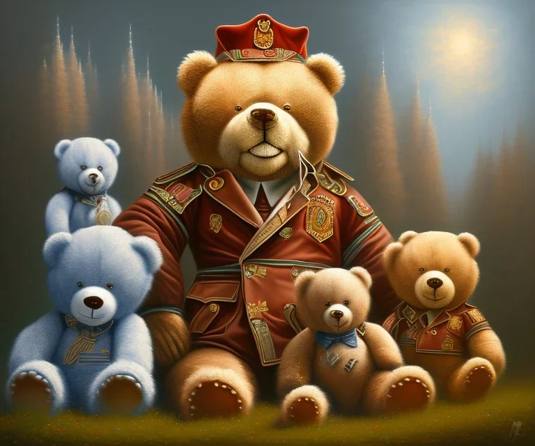 boy and big teddy bears. oil on canvas