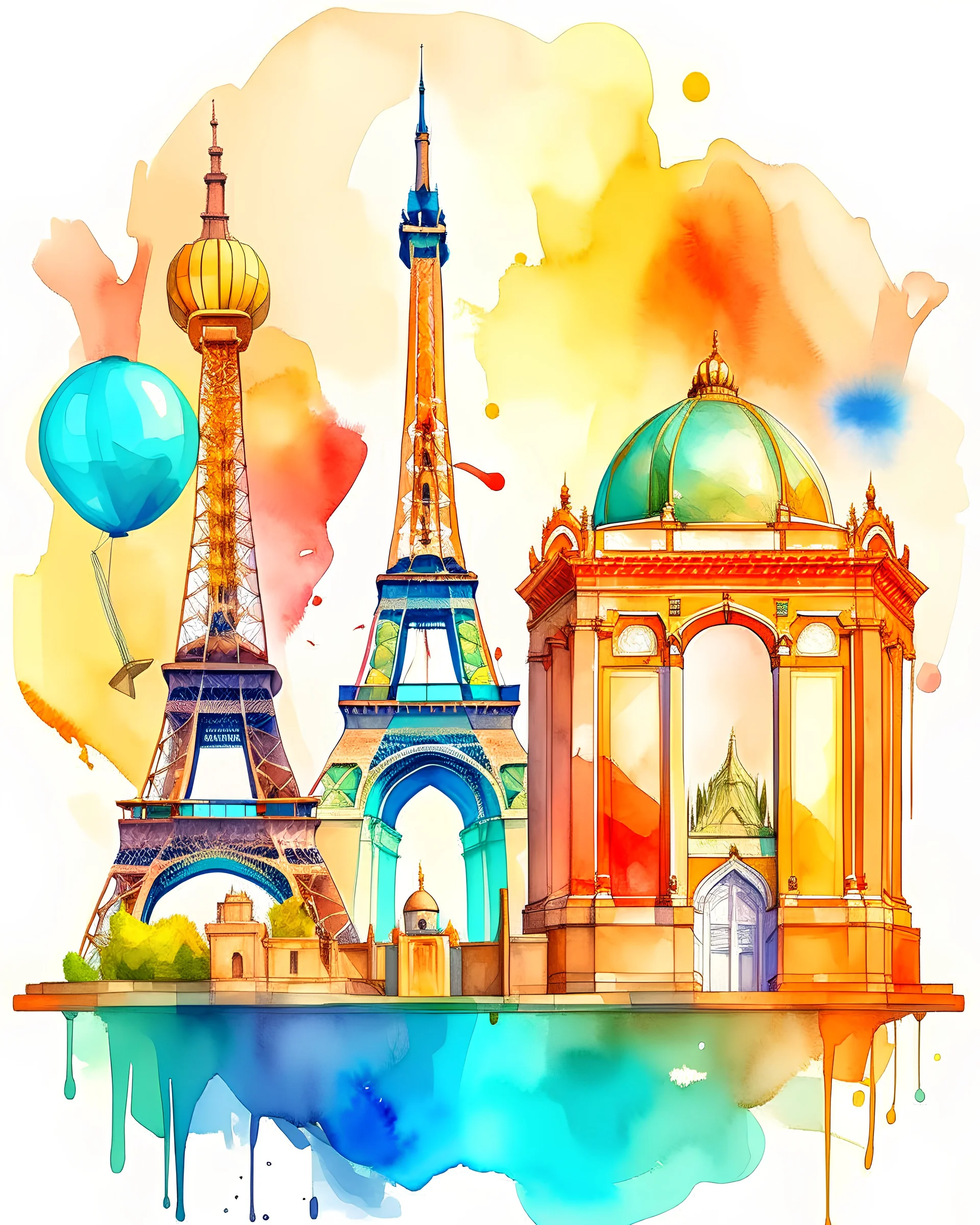 an open bag full of world monuments,Taj Mahal, Statue of Liberty,The Eiffel Tower, London Burjal Arab Hotel,Tower of Pisa , in watercolor and oil painting style