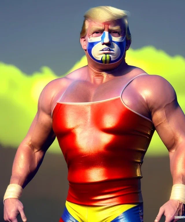 Realistic image of Donald trump wrestler, Mexican wrestling style, Mexican wrestling mask, clear nose and visible chin, red and blue breeches, glow us flag dress, suspenders, retro style, 80s, vibrant color, highly detailed, sky background, concept art, unreal engine 5, god rays, ray tracing, RTX, lumen lighting, ultra detail, volumetric lighting, 3d, finely drawn, high definition, high resolution.