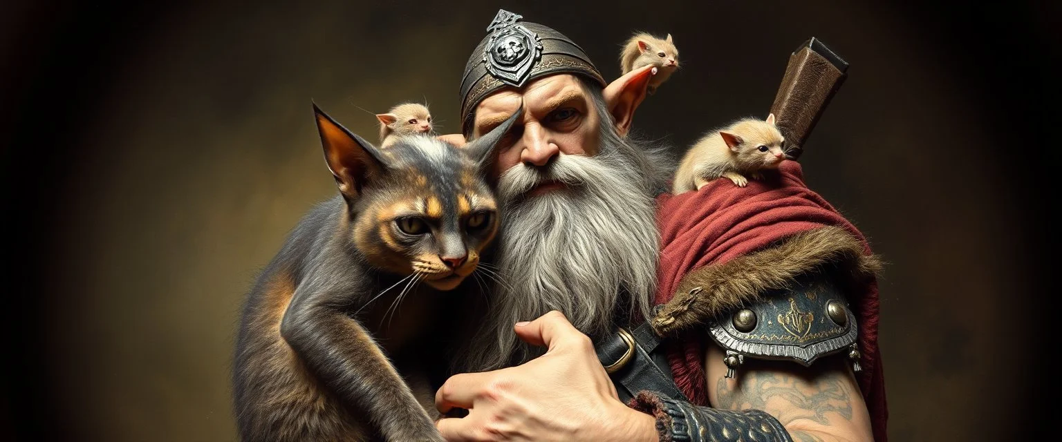 pin hole camera picture, master oil painting by Rembrandt, fantasy orc soldier holding and petting a big ugly vinged vampire cat gremlin, goa trance poster, he has little fluffy creatures on his shoulders