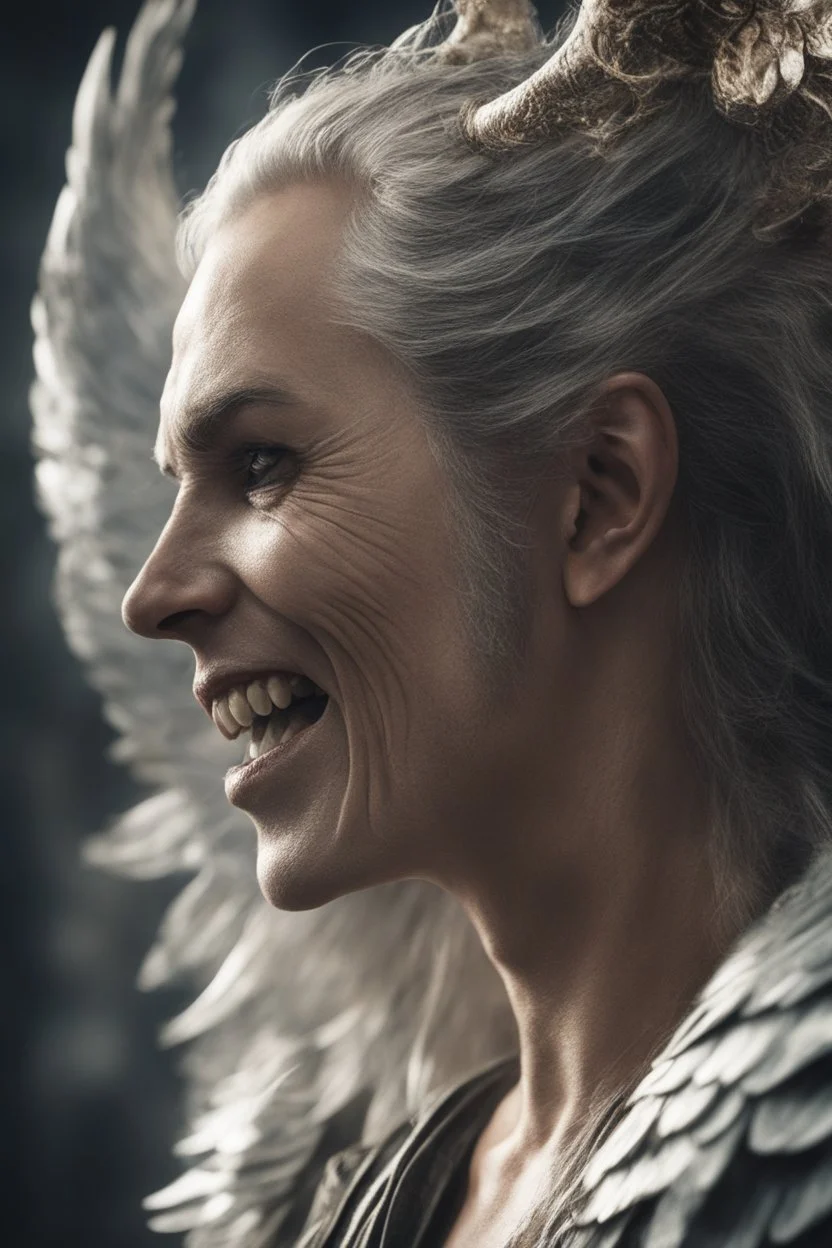 a very close up side profile image of an evil angel, smiling,8k quality, supper realistic